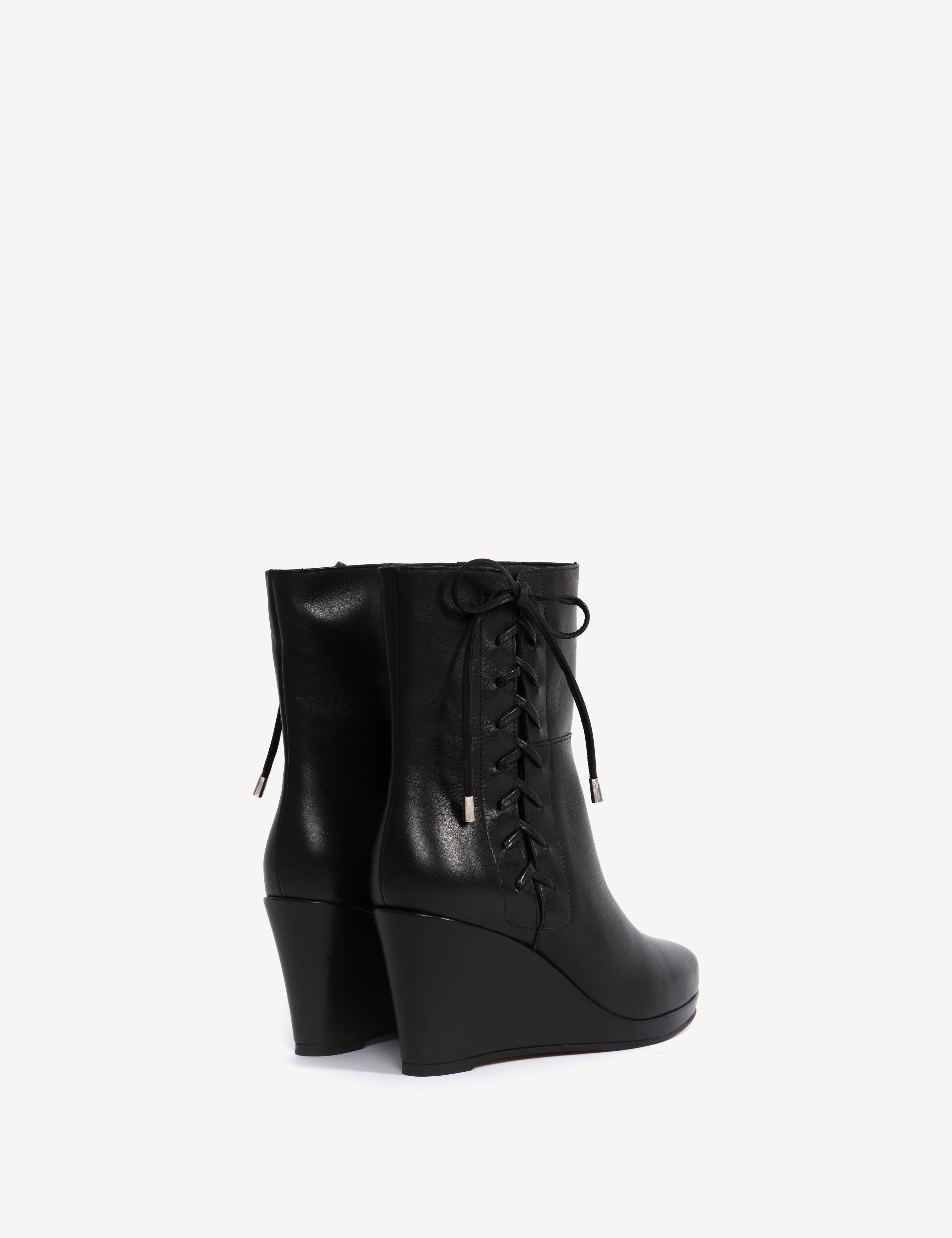 Liv Wedge Ankle Boot With Side Laces In Black Calfskin - Image 3